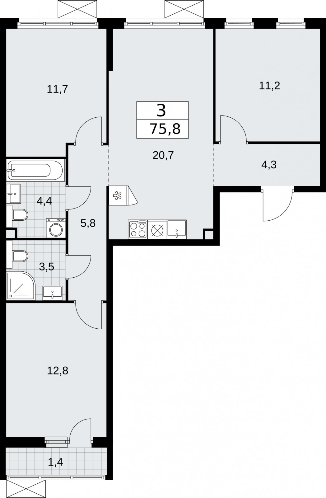 3-комнатная квартира с полной отделкой, 75.8 м2, 2 этаж, сдача 2 квартал 2026 г., ЖК Бунинские кварталы, корпус 7.1 - объявление 2319562 - фото №1
