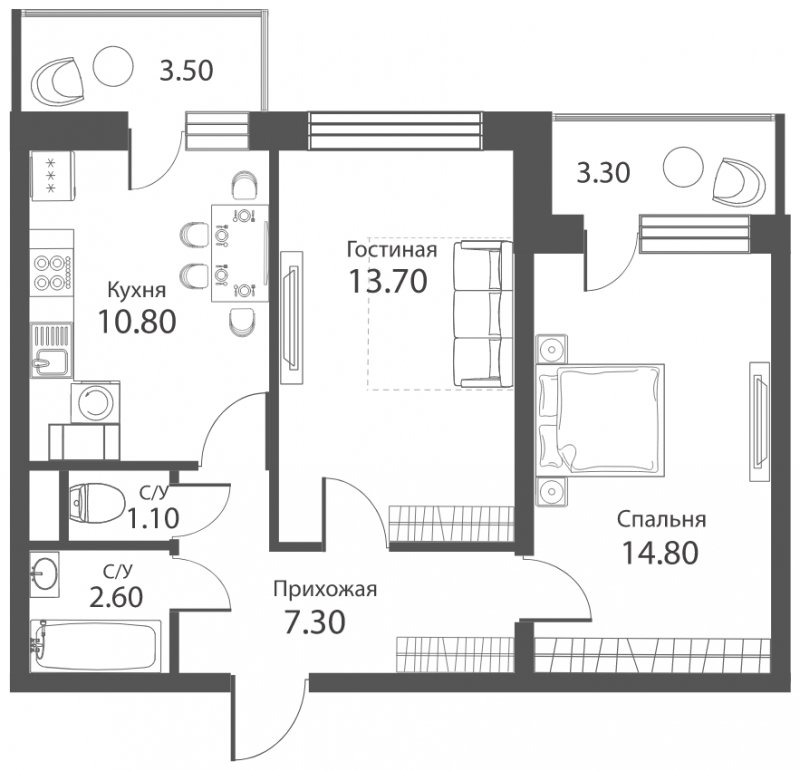 2-комнатная квартира с частичной отделкой, 53 м2, 14 этаж, сдача 2 квартал 2022 г., ЖК Аквилон PARK, корпус 1 - объявление 1276004 - фото №1