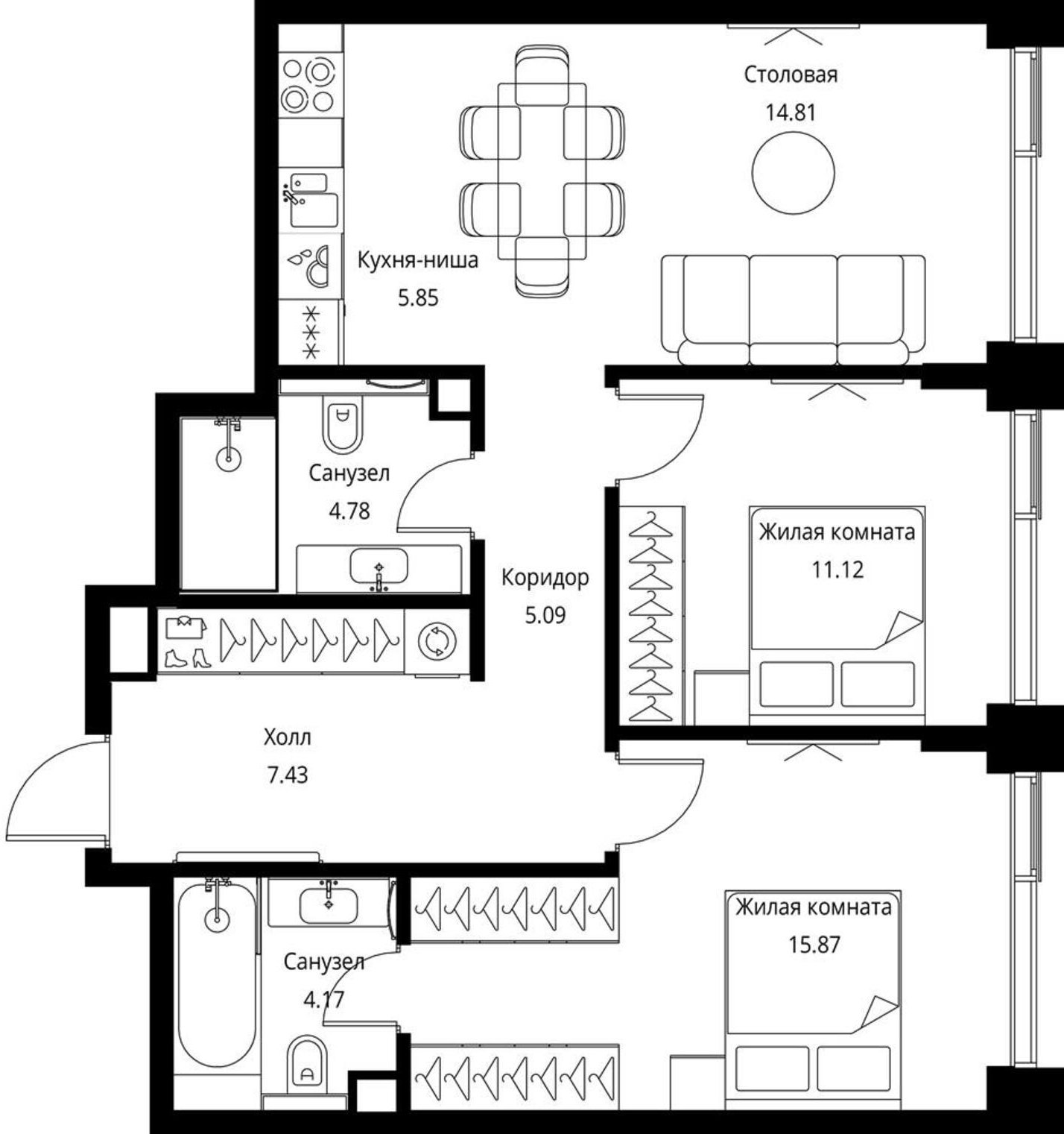 2-комнатная квартира с частичной отделкой, 69.12 м2, 13 этаж, сдача 3 квартал 2026 г., ЖК City Bay, корпус North Ocean 11 - объявление 2240583 - фото №1