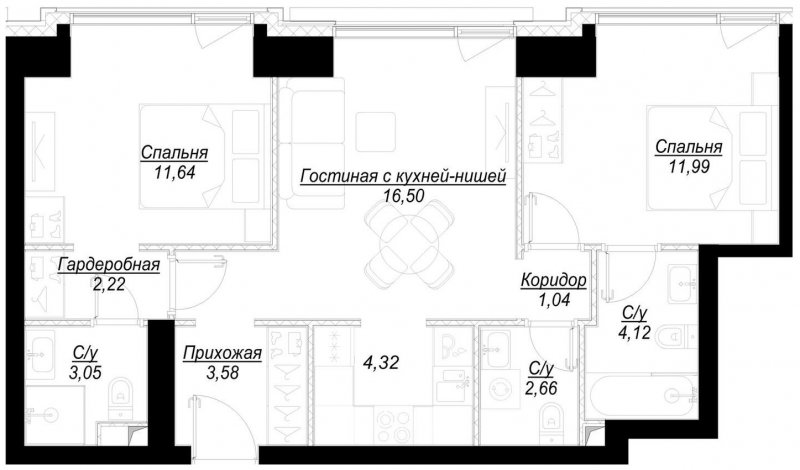 2-комнатная квартира с частичной отделкой, 61.1 м2, 7 этаж, сдача 1 квартал 2023 г., ЖК Hide, корпус RiverSide - объявление 1707067 - фото №1