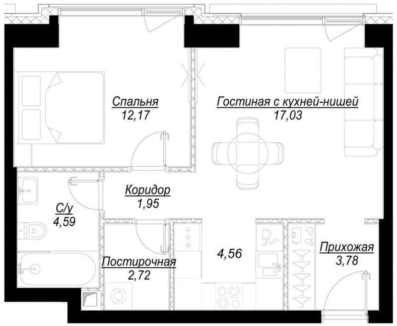 1-комнатная квартира с частичной отделкой, 46.9 м2, 21 этаж, сдача 1 квартал 2023 г., ЖК Hide, корпус RiverSide - объявление 1756848 - фото №1