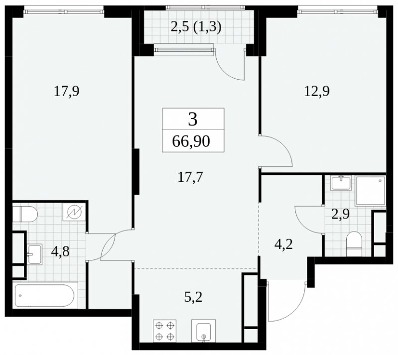 3-комнатная квартира (евро) без отделки, 66.9 м2, 25 этаж, сдача 2 квартал 2025 г., ЖК Южные сады, корпус 2.4 - объявление 1760398 - фото №1