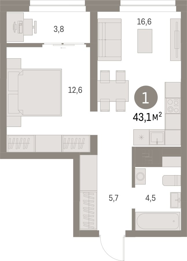 1-комнатная квартира с частичной отделкой, 43.14 м2, 8 этаж, сдача 1 квартал 2025 г., ЖК Первый квартал, корпус Дом 5 - объявление 2281436 - фото №1