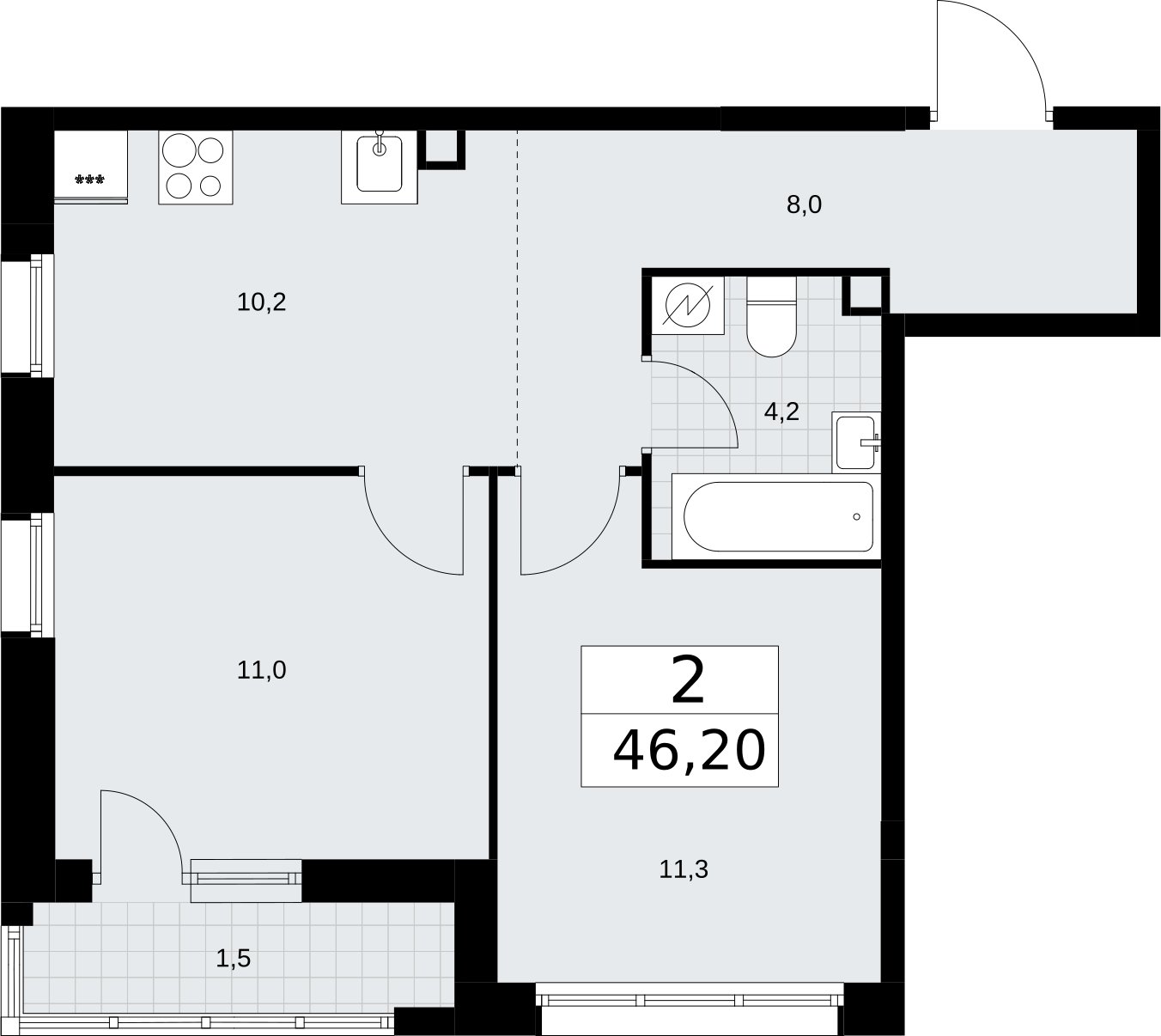 2-комнатная квартира с полной отделкой, 46.2 м2, 2 этаж, сдача 4 квартал 2026 г., ЖК Родные кварталы, корпус 3.3 - объявление 2378453 - фото №1