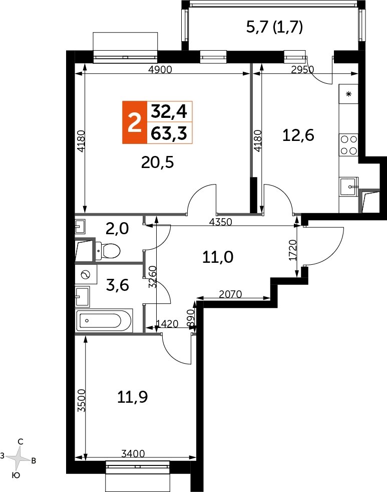 2-комнатная квартира с частичной отделкой, 63.3 м2, 1 этаж, дом сдан, ЖК UP-квартал Римский, корпус 7 - объявление 2208391 - фото №1