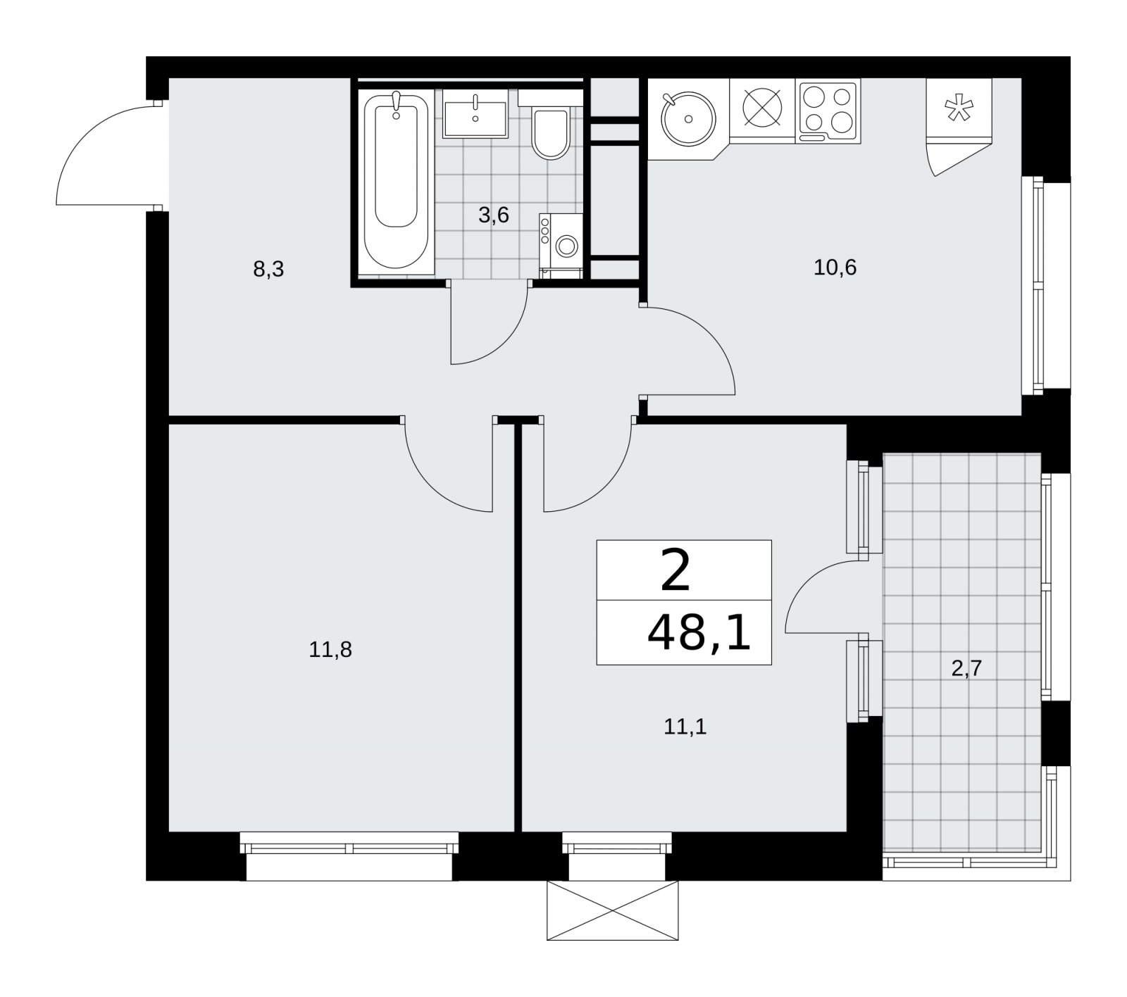 2-комнатная квартира с частичной отделкой, 48.1 м2, 16 этаж, сдача 2 квартал 2026 г., ЖК Скандинавия, корпус 25.2 - объявление 2283596 - фото №1