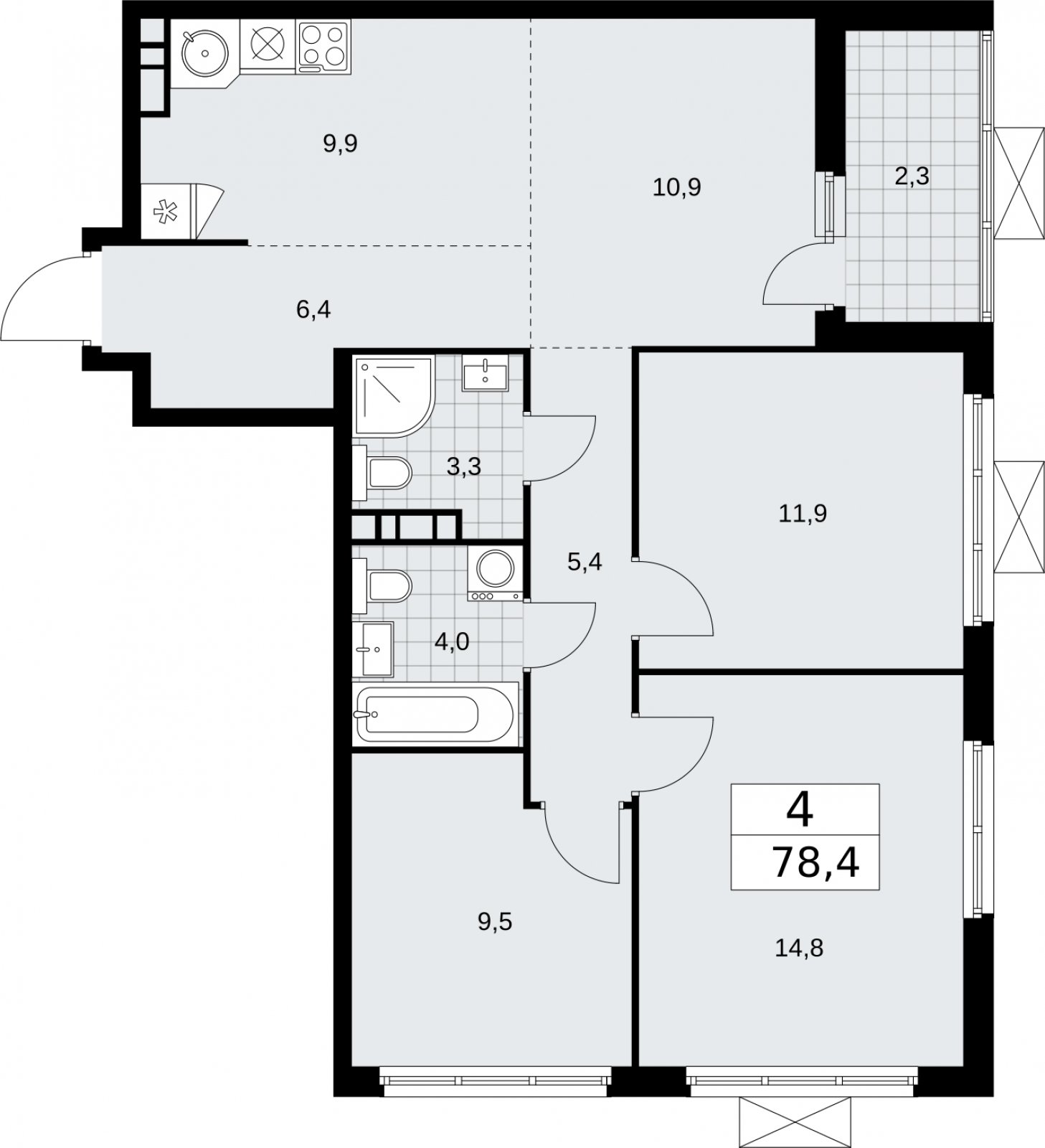 4-комнатная квартира (евро) без отделки, 78.4 м2, 16 этаж, сдача 2 квартал 2026 г., ЖК Бунинские кварталы, корпус 5.3 - объявление 2297634 - фото №1