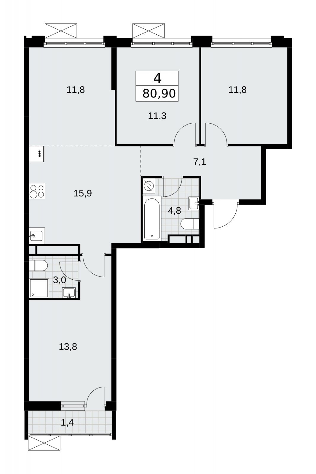 4-комнатная квартира (евро) без отделки, 80.9 м2, 15 этаж, сдача 3 квартал 2025 г., ЖК Скандинавия, корпус 28.1 - объявление 2201858 - фото №1