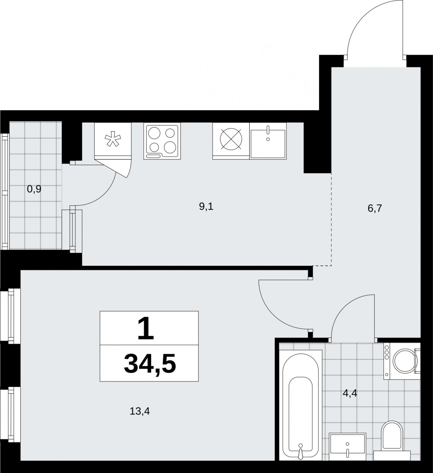 1-комнатная квартира с полной отделкой, 34.5 м2, 4 этаж, сдача 3 квартал 2026 г., ЖК Дзен-кварталы, корпус 6.1.3 - объявление 2327764 - фото №1