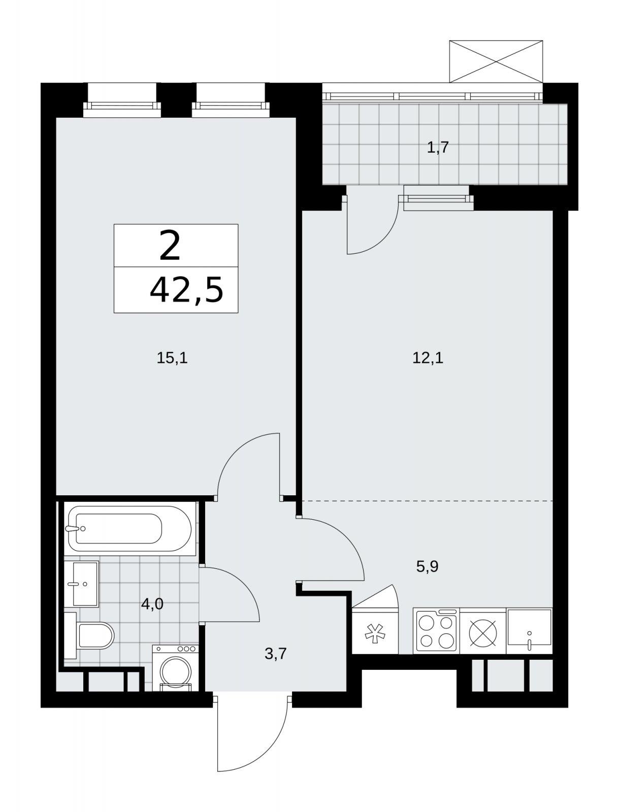 2-комнатная квартира (евро) с частичной отделкой, 42.5 м2, 12 этаж, сдача 2 квартал 2026 г., ЖК Скандинавия, корпус 25.1 - объявление 2283424 - фото №1