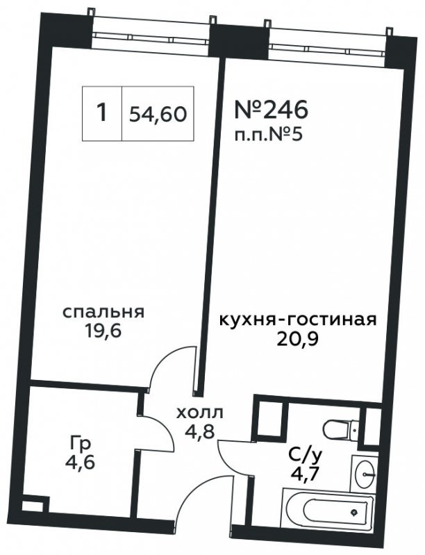 1-комнатные апартаменты 54.6 м2, 8 этаж, сдача 4 квартал 2023 г., ЖК Сити комплекс Амарант, корпус 1 - объявление 1834994 - фото №1