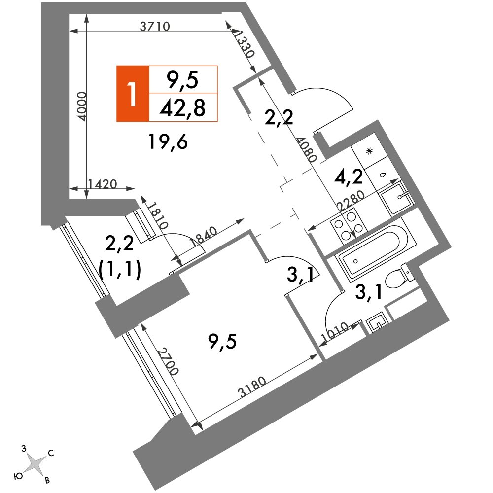 1-комнатная квартира с частичной отделкой, 42.8 м2, 19 этаж, сдача 4 квартал 2023 г., ЖК Архитектор, корпус 3 - объявление 2266946 - фото №1