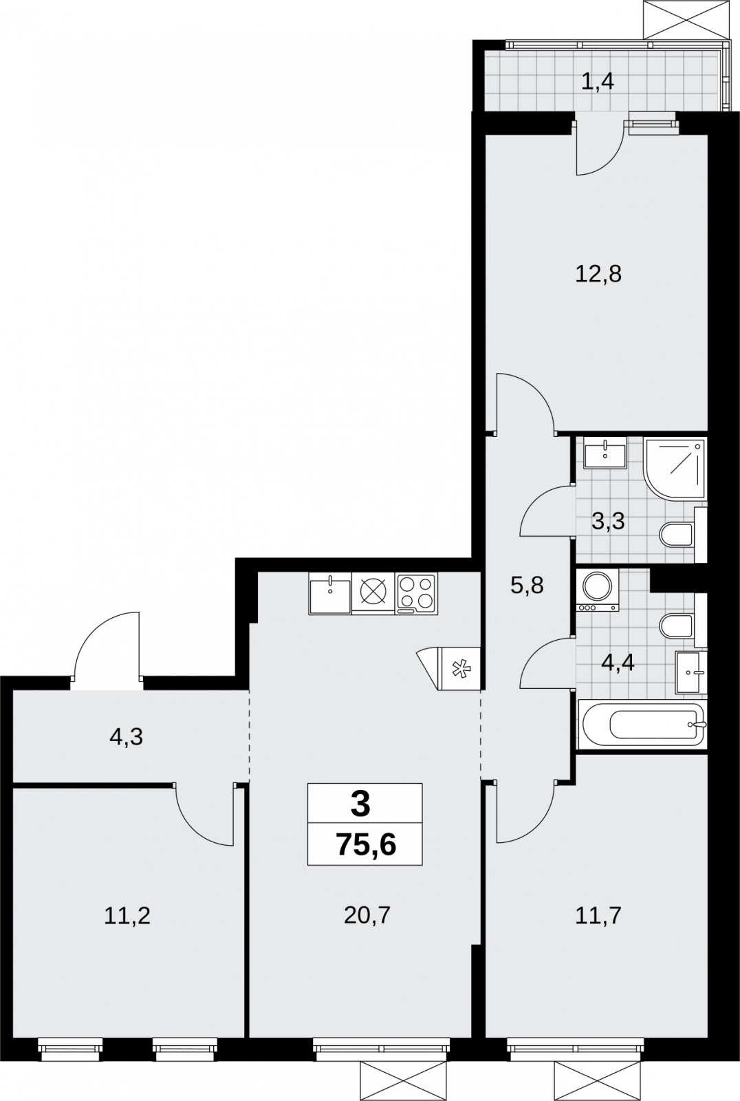3-комнатная квартира без отделки, 75.6 м2, 6 этаж, сдача 2 квартал 2026 г., ЖК Бунинские кварталы, корпус 9.1 - объявление 2323497 - фото №1