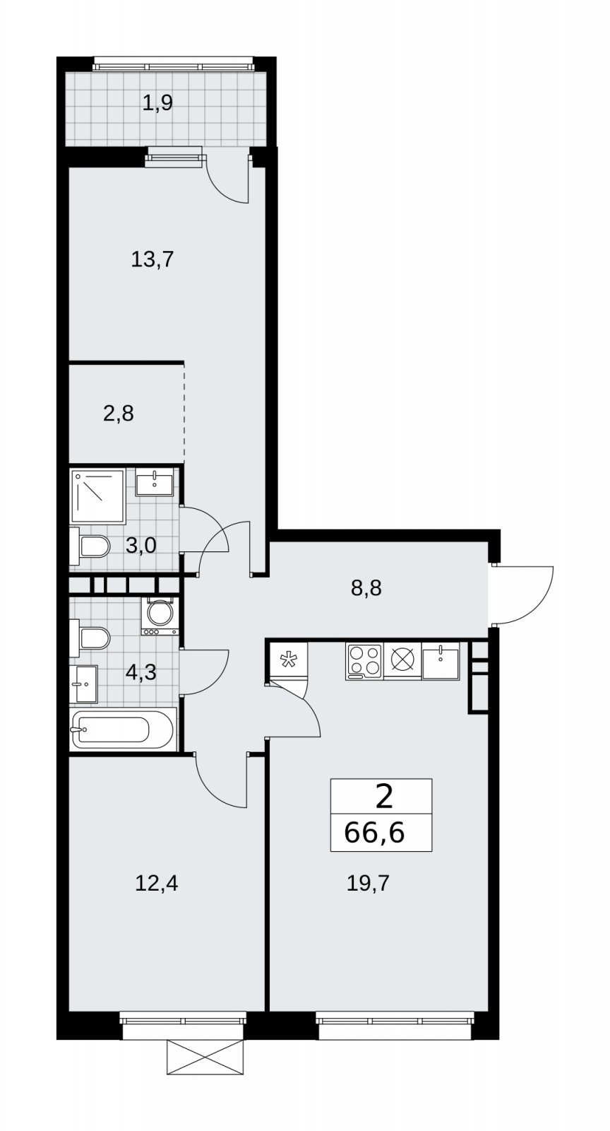2-комнатная квартира без отделки, 66.6 м2, 6 этаж, сдача 1 квартал 2026 г., ЖК Дзен-кварталы, корпус 4.3 - объявление 2251749 - фото №1