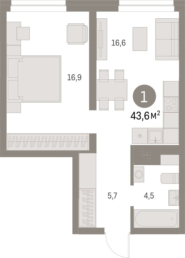 1-комнатная квартира с частичной отделкой, 43.61 м2, 2 этаж, сдача 1 квартал 2025 г., ЖК Первый квартал, корпус 5 - объявление 2334908 - фото №1
