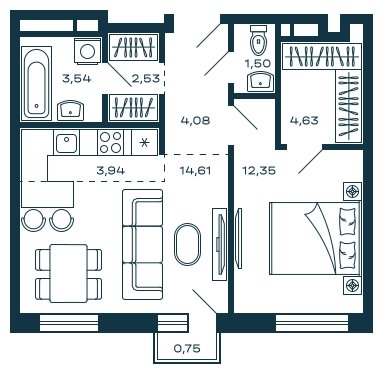 1-комнатная квартира без отделки, 47.4 м2, 8 этаж, сдача 2 квартал 2025 г., ЖК М_5, корпус 1 - объявление 1886494 - фото №1