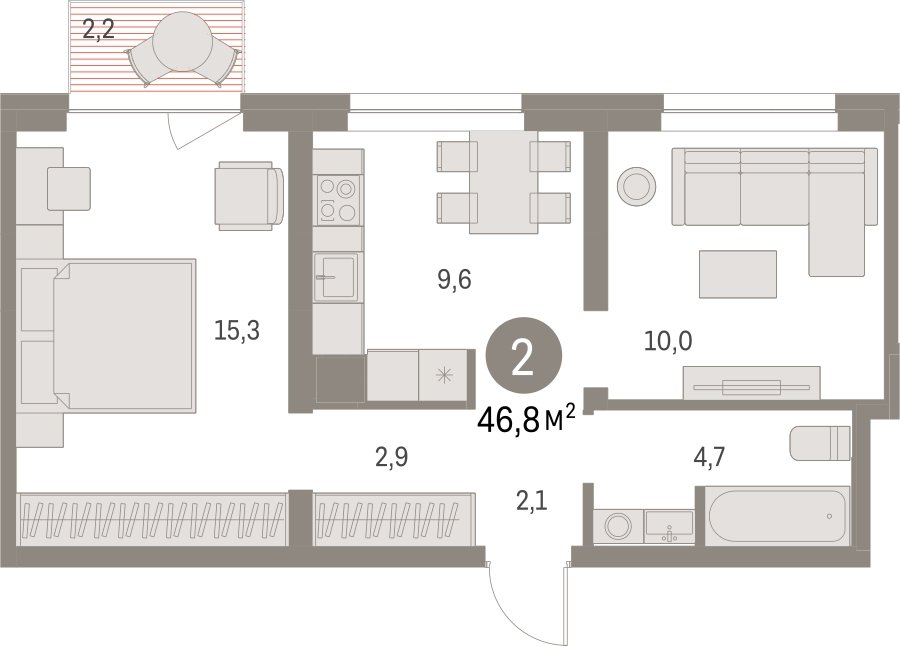 2-комнатная квартира с частичной отделкой, 46.75 м2, 3 этаж, сдача 1 квартал 2025 г., ЖК Первый квартал, корпус Дом 5 - объявление 2282894 - фото №1
