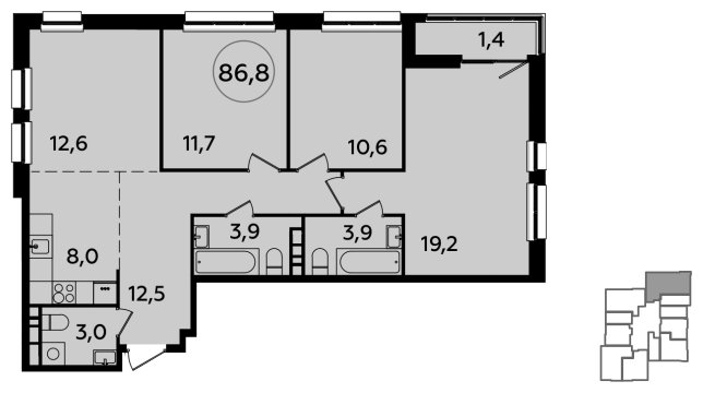 4-комнатная квартира (евро) без отделки, 86.8 м2, 17 этаж, сдача 1 квартал 2024 г., ЖК Южные сады, корпус 1.3 - объявление 1512371 - фото №1