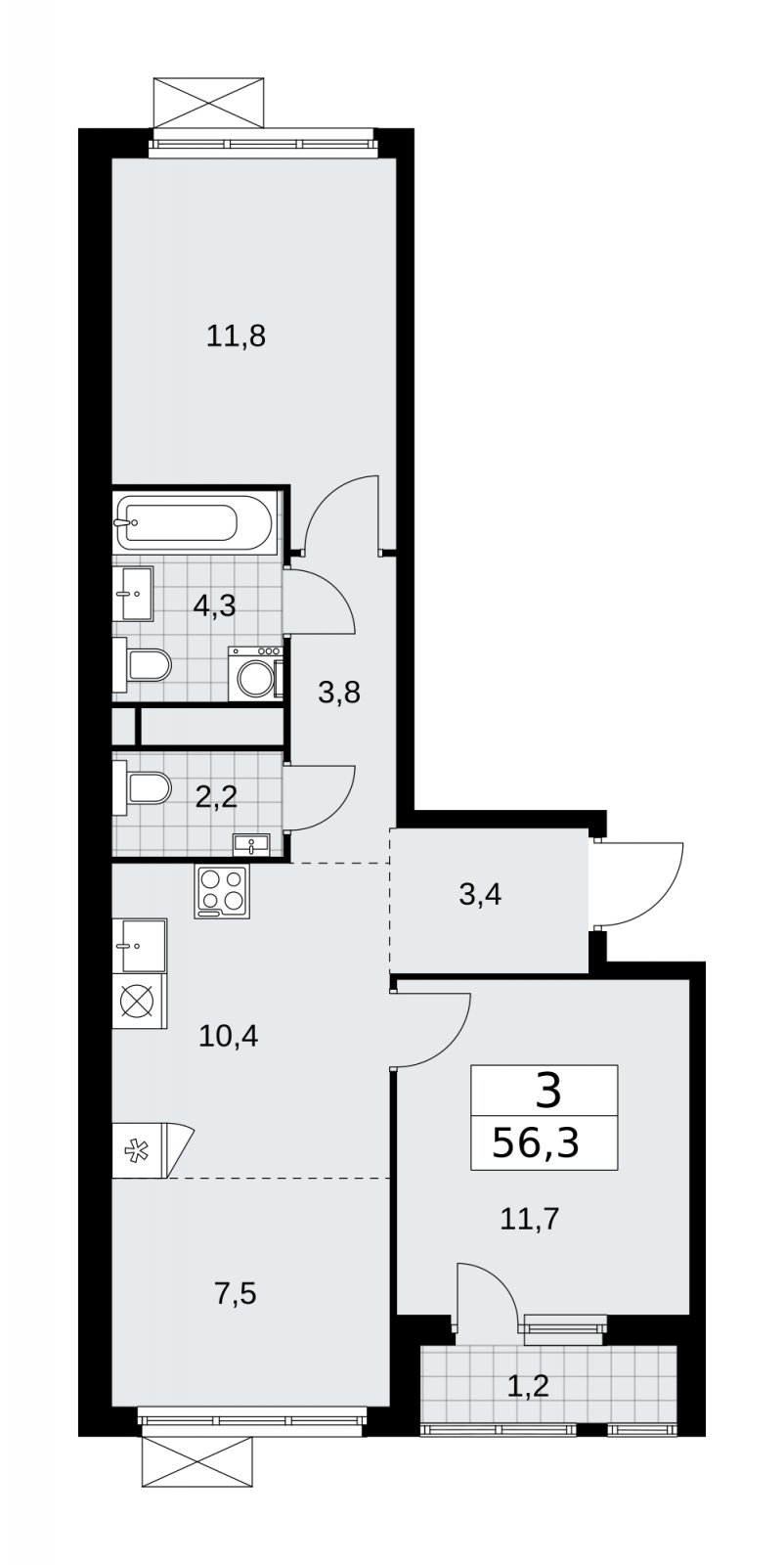 3-комнатная квартира (евро) без отделки, 56.3 м2, 14 этаж, сдача 4 квартал 2025 г., ЖК Прокшино, корпус 11.1.4 - объявление 2257693 - фото №1