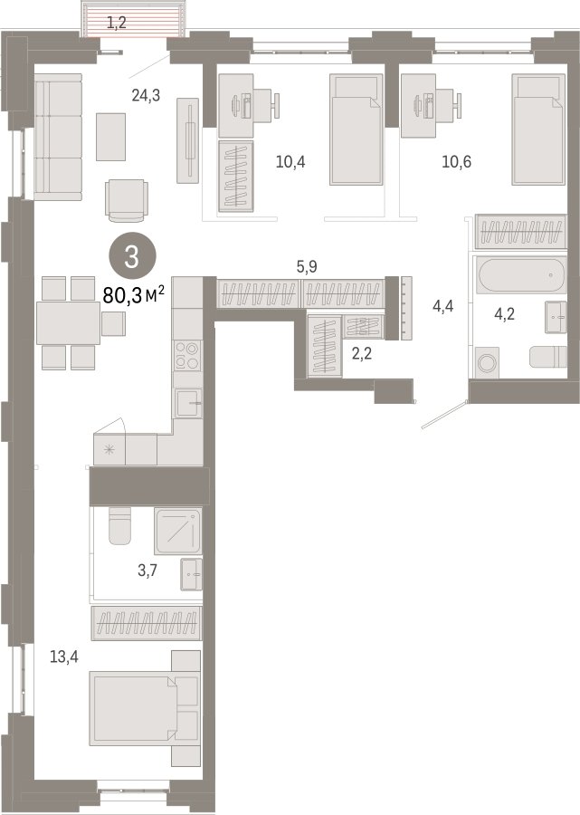 3-комнатная квартира с частичной отделкой, 80.3 м2, 3 этаж, сдача 3 квартал 2026 г., ЖК Квартал Метроном, корпус 1 - объявление 2331004 - фото №1