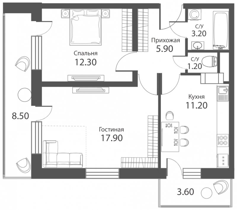 2-комнатная квартира с частичной отделкой, 57 м2, 3 этаж, сдача 2 квартал 2022 г., ЖК Аквилон PARK, корпус 1 - объявление 1641244 - фото №1