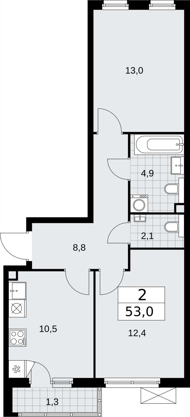 2-комнатная квартира без отделки, 53 м2, 2 этаж, сдача 2 квартал 2026 г., ЖК Бунинские кварталы, корпус 7.3 - объявление 2313754 - фото №1