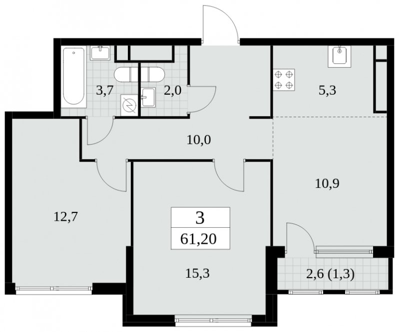 3-комнатная квартира (евро) без отделки, 61.2 м2, 20 этаж, сдача 2 квартал 2025 г., ЖК Южные сады, корпус 2.4 - объявление 1760496 - фото №1