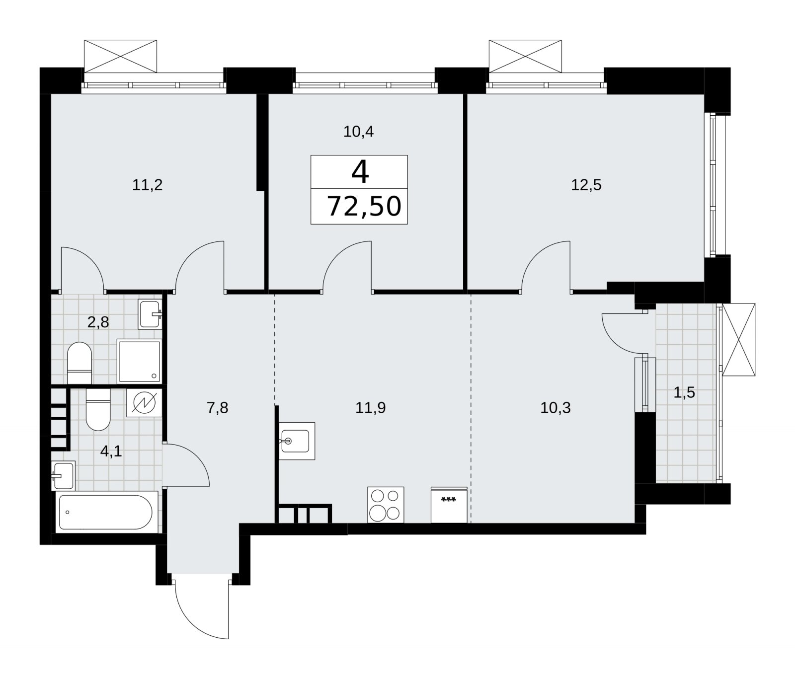 4-комнатная квартира (евро) без отделки, 72.5 м2, 4 этаж, сдача 3 квартал 2025 г., ЖК Скандинавия, корпус 28.2 - объявление 2202330 - фото №1