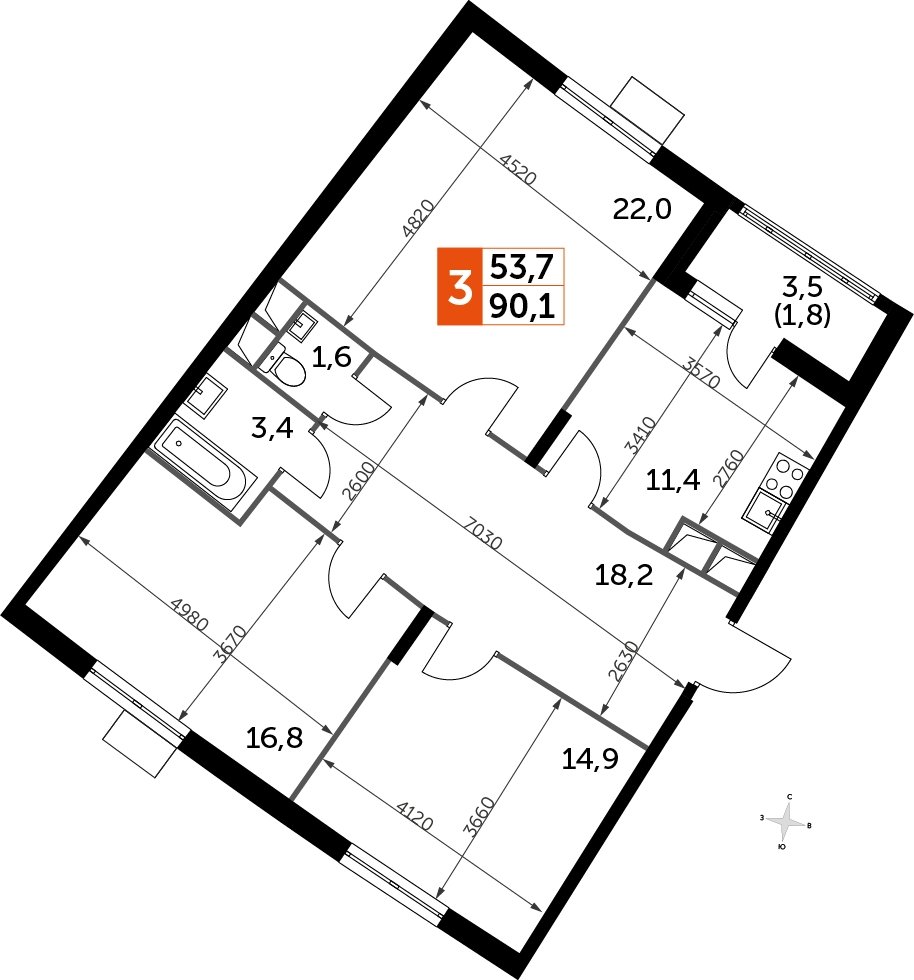 3-комнатная квартира без отделки, 90.1 м2, 12 этаж, дом сдан, ЖК UP-квартал Римский, корпус 7 - объявление 2208429 - фото №1