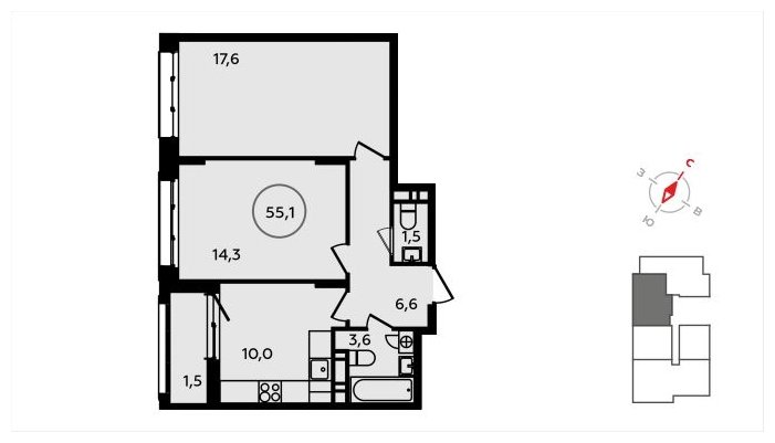 2-комнатная квартира с полной отделкой, 55.1 м2, 8 этаж, сдача 3 квартал 2024 г., ЖК Скандинавия, корпус 2.22.4 - объявление 1625665 - фото №1