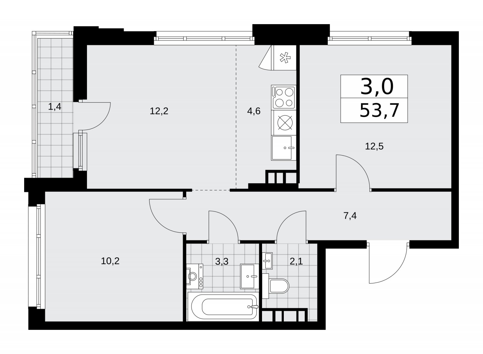 3-комнатная квартира (евро) без отделки, 53.7 м2, 5 этаж, сдача 1 квартал 2026 г., ЖК Прокшино, корпус 10.1.1 - объявление 2226679 - фото №1