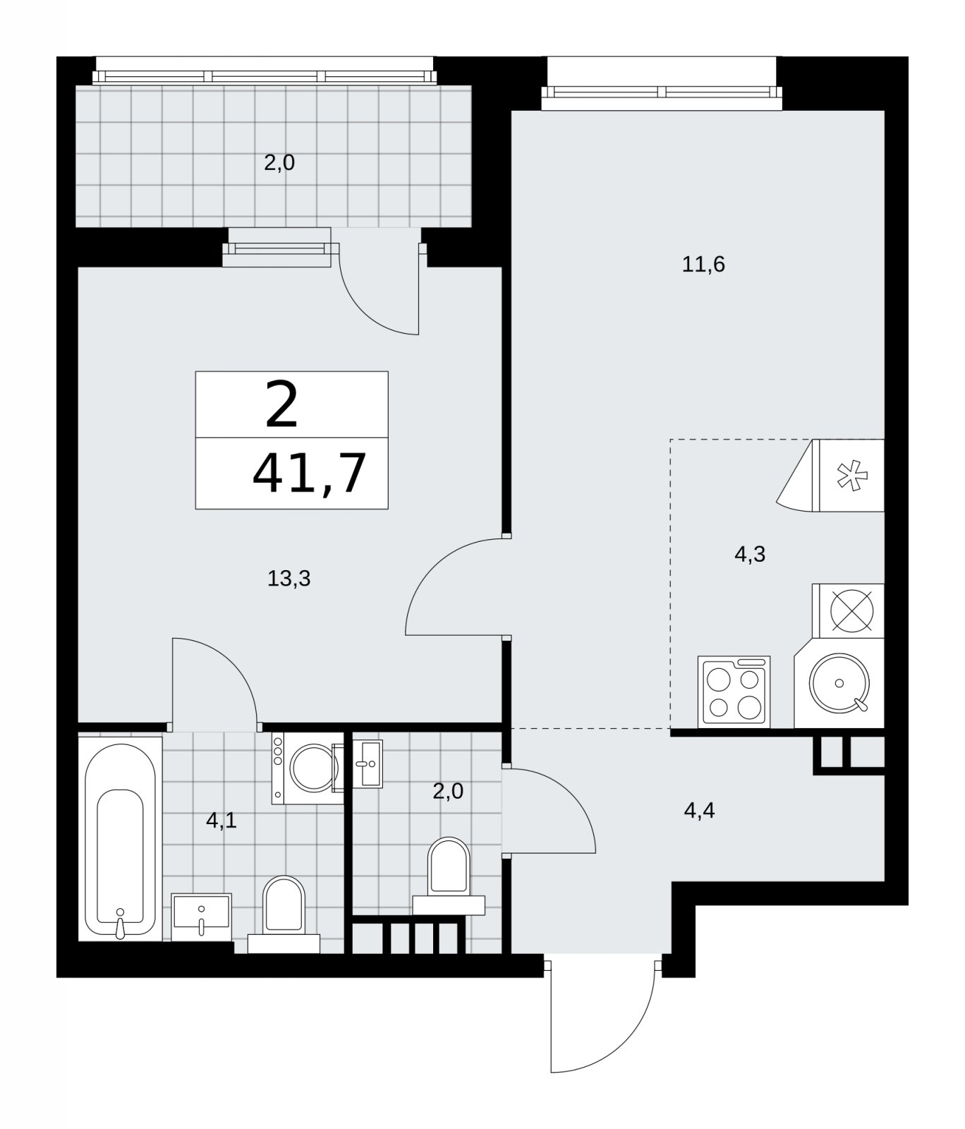 2-комнатная квартира (евро) с частичной отделкой, 41.7 м2, 3 этаж, сдача 2 квартал 2026 г., ЖК Дзен-кварталы, корпус 4.1 - объявление 2251405 - фото №1