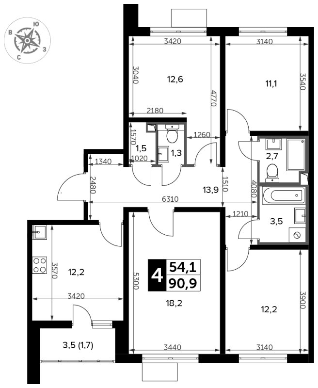 4-комнатная квартира с частичной отделкой, 90.9 м2, 16 этаж, сдача 3 квартал 2023 г., ЖК Южная Битца, корпус 12 - объявление 1771690 - фото №1