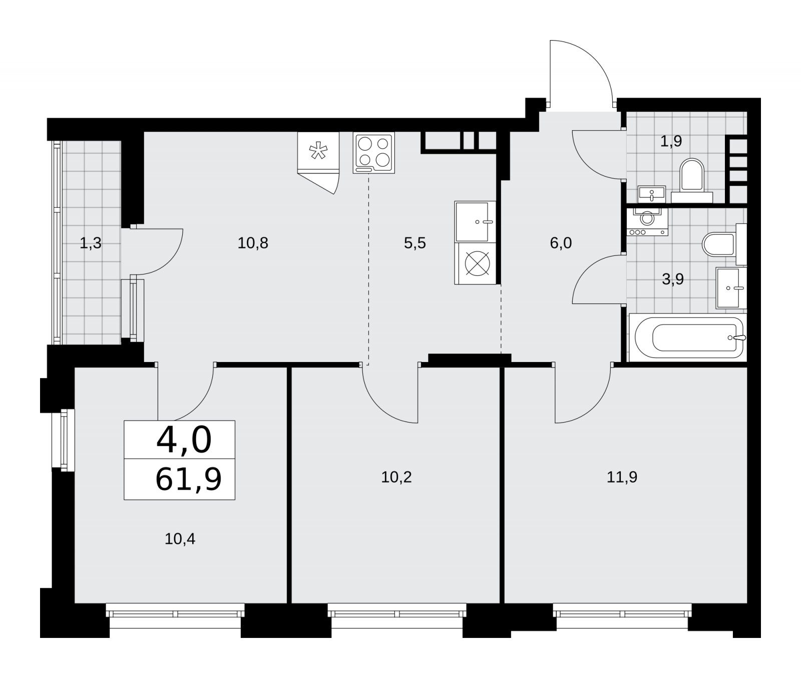 4-комнатная квартира (евро) без отделки, 61.9 м2, 13 этаж, сдача 1 квартал 2026 г., ЖК Прокшино, корпус 10.1.1 - объявление 2226726 - фото №1