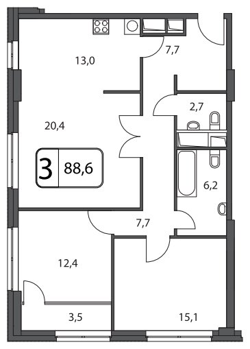 3-комнатная квартира без отделки, 88.6 м2, 4 этаж, дом сдан, ЖК Апарт-Комплекс Волга, корпус 1 - объявление 1569093 - фото №1
