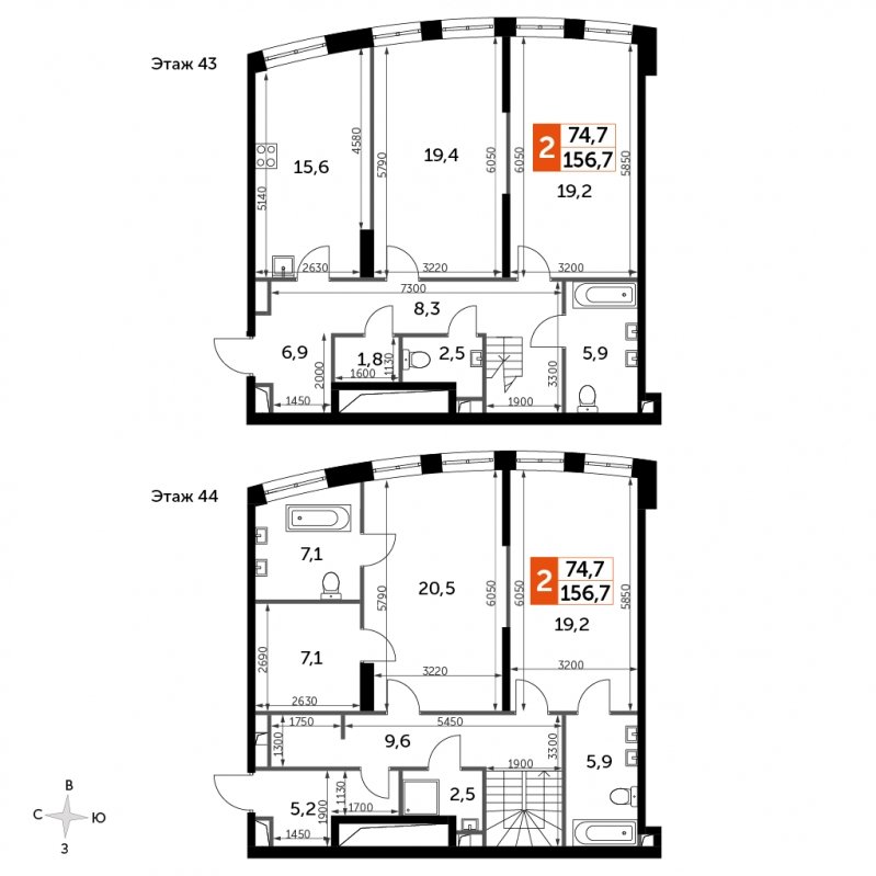 4-комнатная квартира без отделки, 156.7 м2, 43 этаж, сдача 3 квартал 2024 г., ЖК Sydney City, корпус 2.2 - объявление 1710691 - фото №1