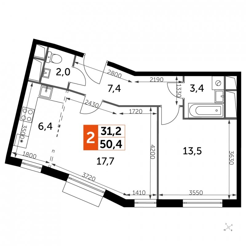 2-комнатная квартира без отделки, 50.4 м2, 9 этаж, сдача 3 квартал 2023 г., ЖК UP-квартал Римский, корпус 7 - объявление 1849980 - фото №1