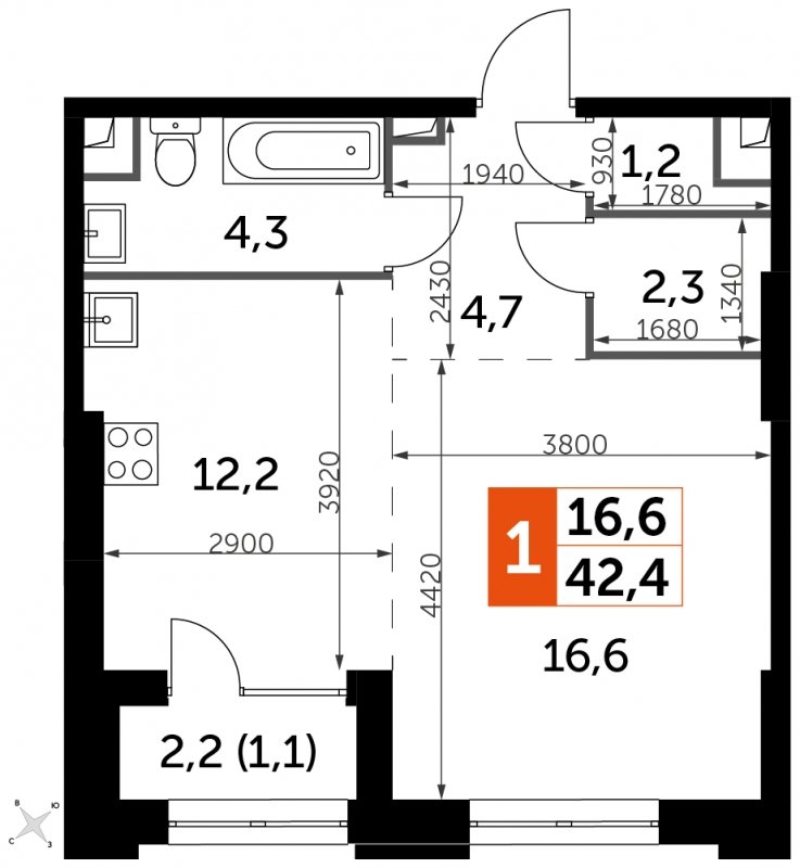 1-комнатная квартира с частичной отделкой, 42.4 м2, 4 этаж, сдача 1 квартал 2023 г., ЖК Sydney City, корпус 3 - объявление 1664164 - фото №1