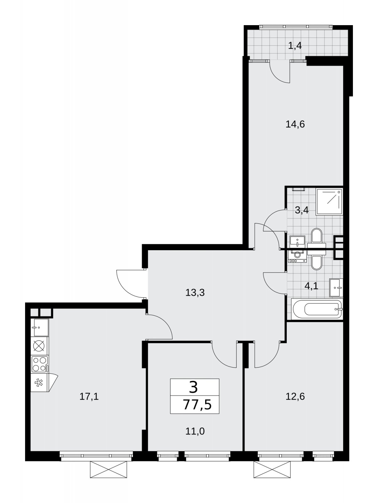 3-комнатная квартира с полной отделкой, 77.5 м2, 5 этаж, сдача 2 квартал 2026 г., ЖК Деснаречье, корпус 4.8 - объявление 2265182 - фото №1