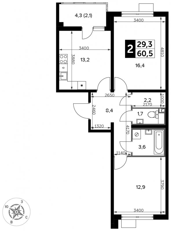 2-комнатная квартира с частичной отделкой, 60.5 м2, 2 этаж, сдача 3 квартал 2023 г., ЖК Южная Битца, корпус 11 - объявление 1657023 - фото №1