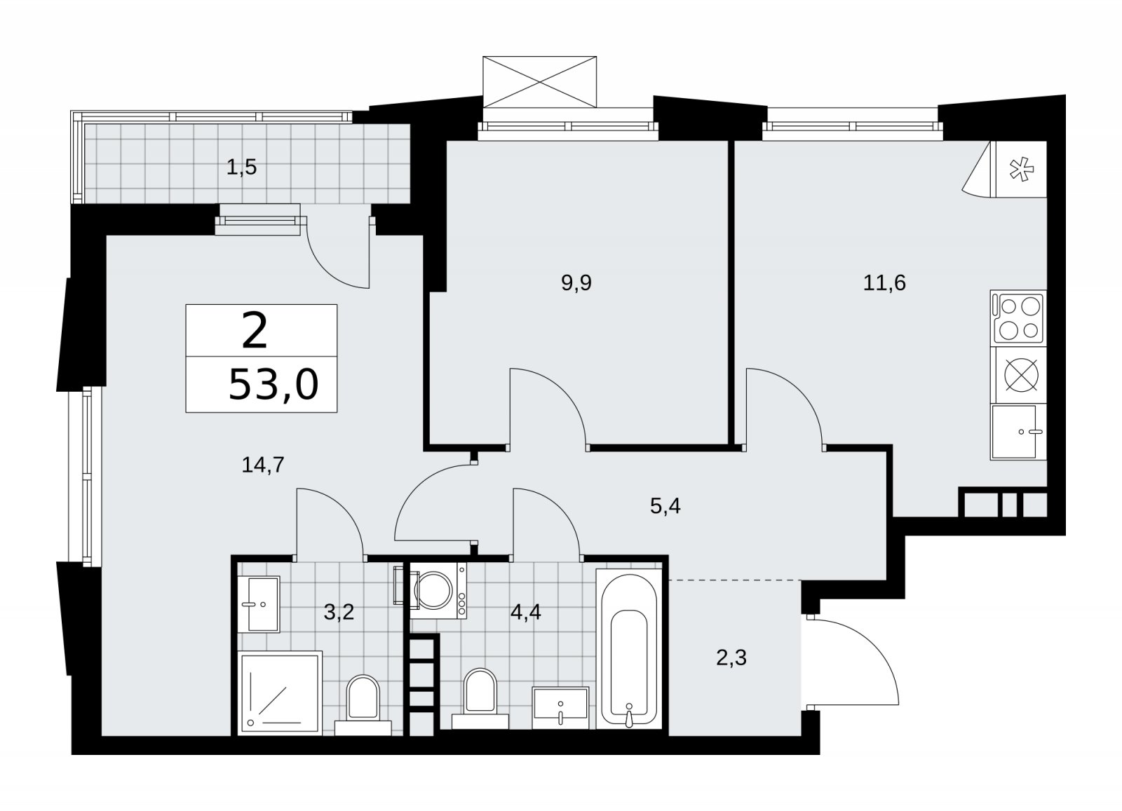 2-комнатная квартира с частичной отделкой, 53 м2, 13 этаж, сдача 1 квартал 2026 г., ЖК Прокшино, корпус 11.1.2 - объявление 2257312 - фото №1
