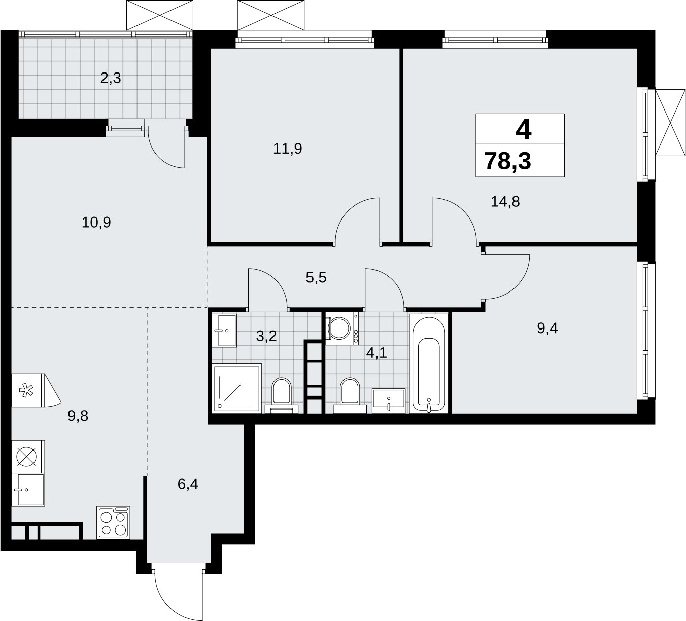 4-комнатная квартира (евро) без отделки, 78.3 м2, 7 этаж, сдача 4 квартал 2026 г., ЖК Скандинавия, корпус 2.18.1.2 - объявление 2350670 - фото №1