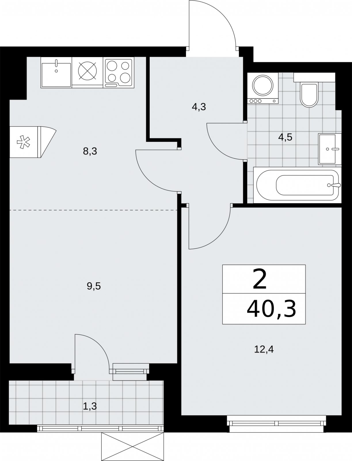 2-комнатная квартира (евро) с полной отделкой, 40.3 м2, 6 этаж, сдача 2 квартал 2026 г., ЖК Бунинские кварталы, корпус 7.1 - объявление 2319585 - фото №1