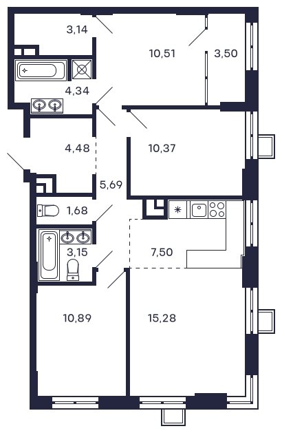3-комнатная квартира без отделки, 80.53 м2, 8 этаж, сдача 2 квартал 2025 г., ЖК Квартал Тетрис, корпус "Квартал Тетрис 2.1" - объявление 2356356 - фото №1