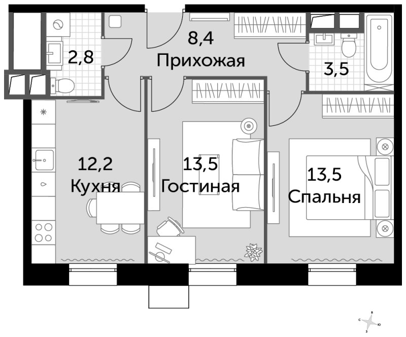 2-комнатные апартаменты без отделки, 53.9 м2, 4 этаж, сдача 2 квартал 2022 г., ЖК Движение.Тушино, корпус 1,2 - объявление 1464399 - фото №1