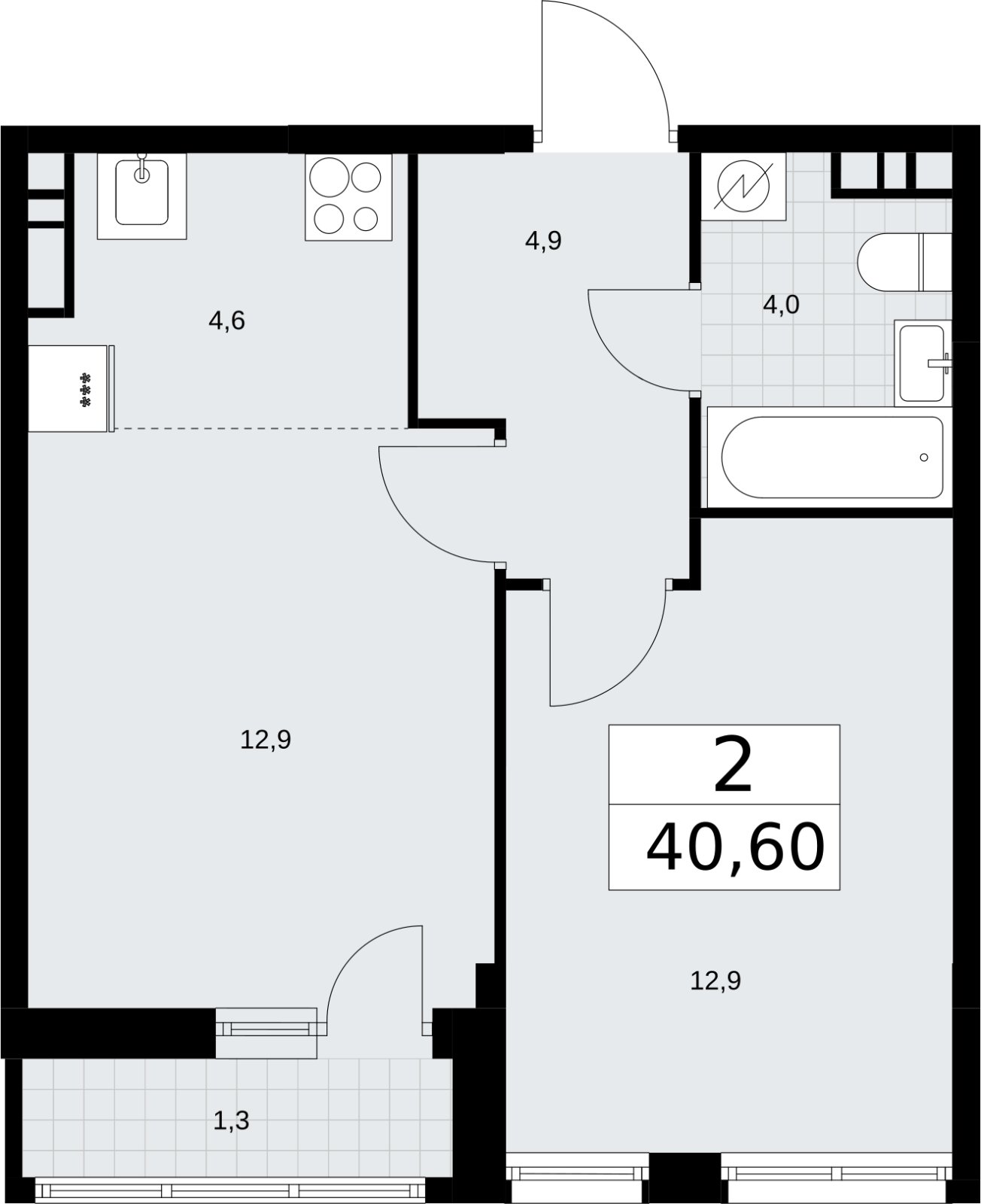 2-комнатная квартира (евро) без отделки, 40.6 м2, 7 этаж, сдача 3 квартал 2026 г., ЖК Родные кварталы, корпус 3.1 - объявление 2378247 - фото №1