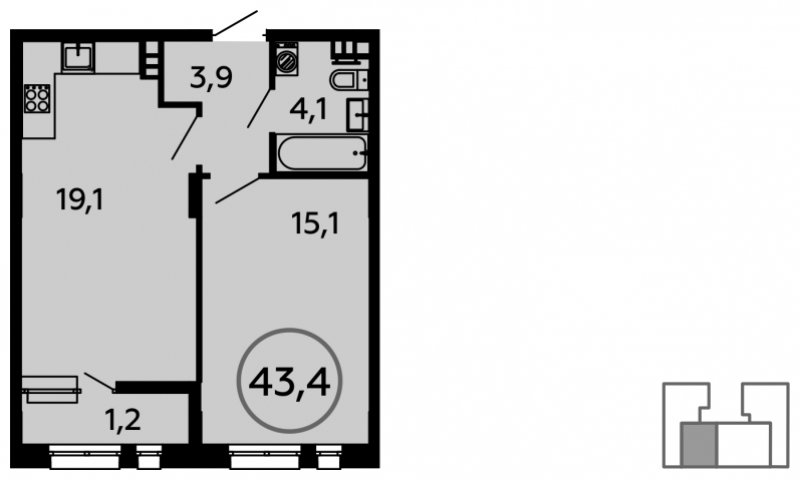 1-комнатная квартира без отделки, 43.8 м2, 3 этаж, дом сдан, ЖК Скандинавия, корпус 5.3 - объявление 1650414 - фото №1