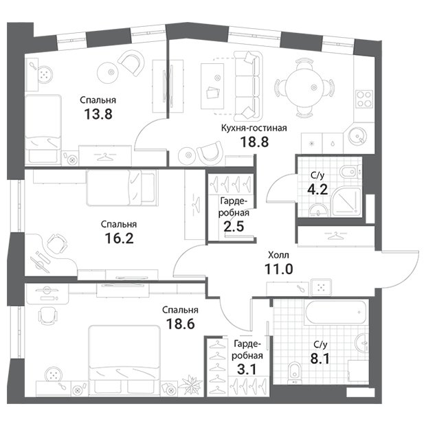 3-комнатная квартира без отделки, 96.3 м2, 15 этаж, сдача 1 квартал 2023 г., ЖК Nagatino i-Land, корпус А2 - объявление 1667151 - фото №1