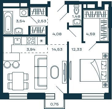 1-комнатная квартира без отделки, 47.24 м2, 6 этаж, сдача 2 квартал 2025 г., ЖК М_5, корпус 1 - объявление 2296379 - фото №1