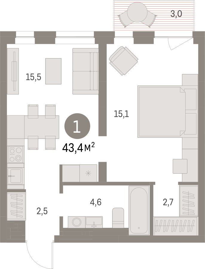 1-комнатная квартира с частичной отделкой, 43.37 м2, 4 этаж, сдача 1 квартал 2025 г., ЖК Первый квартал, корпус Дом 5 - объявление 2281410 - фото №1